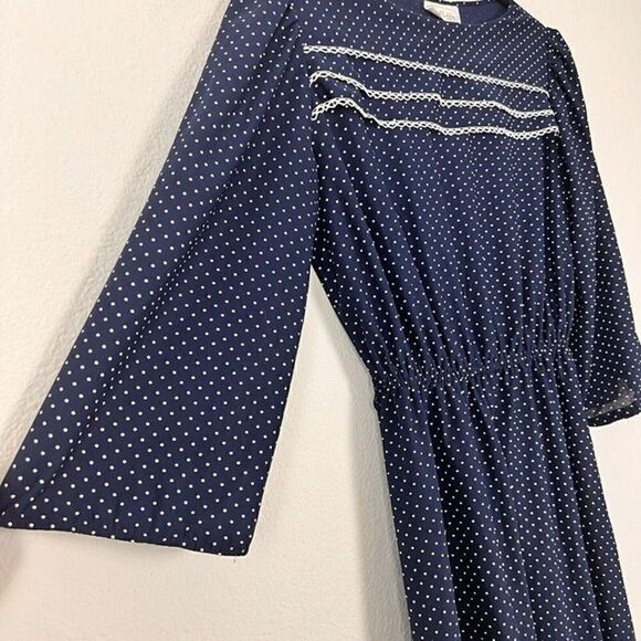 Vintage Rice Pudding Brand Dress Womens Size Medium Blue Polka Dot Ruffle 1970s - Picture 5 of 9